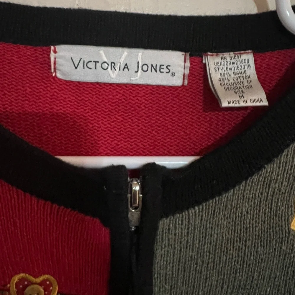 Victoria Jones Zip‎ Front Christmas Cardigan Color Block Applique Design Size M